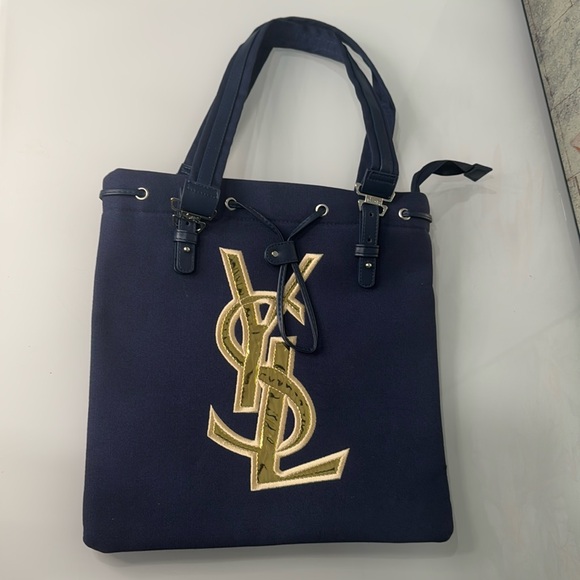 YVES SAINT LAURENT YSL Navy Tote Bag with Gold Logo - Picture 1 of 8
